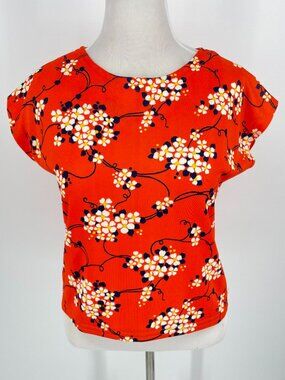 Vintage 70s Orange Floral Cap Sleeve Knit Top Large Retro Mod